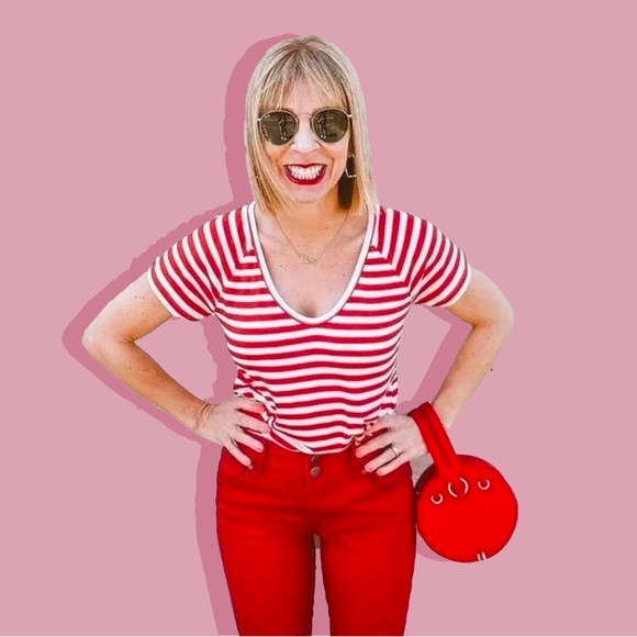 CAbi 5798 Red Striped Shrunken Tee Short Sleeve T Shirt Limited Edition Sz L - Picture 2 of 7